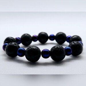 Lava Stone & Iridescent Bead Stretch Bracelet – Black & Midnight Blue